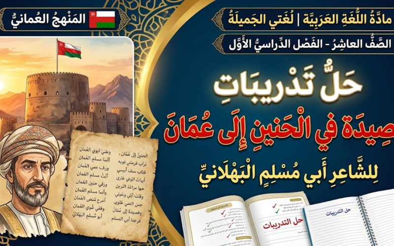 حل تدريبات قصيدة في الحنين إلى عمان لأبي مسلم البهلاني لمادة اللغة العربية لغتي الجميلة للصف العاشر الفصل الدراسي الاول المنهج العماني