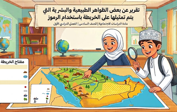 تقرير عن بعض الظواهر الطبيعية والبشرية التي يتم تمثيلها على الخريطة باستخدام الرموز لمادة الدراسات الاجتماعية للصف السادس الفصل الدراسي الاول
