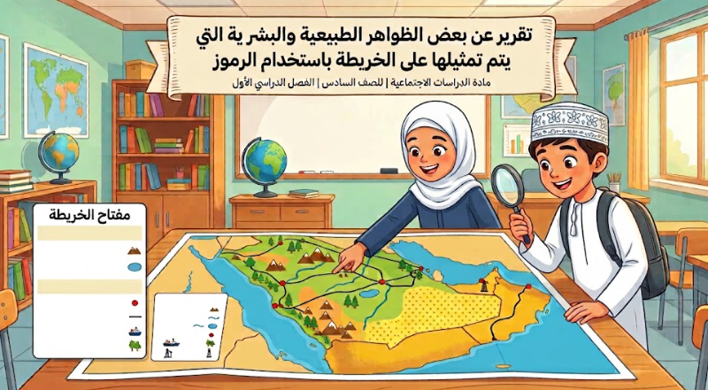 تقرير عن بعض الظواهر الطبيعية والبشرية التي يتم تمثيلها على الخريطة باستخدام الرموز لمادة الدراسات الاجتماعية للصف السادس الفصل الدراسي الاول