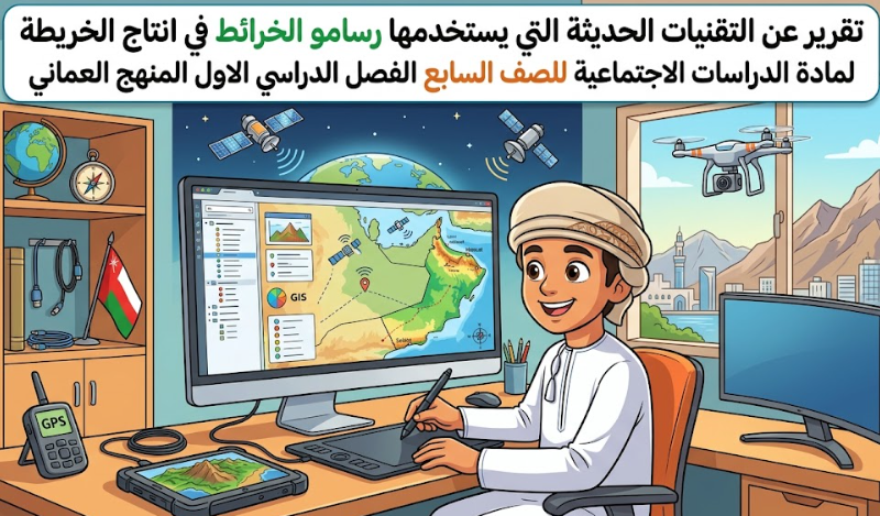 تقرير عن التقنيات الحديثة التي يستخدمها رسامو الخرائط في انتاج الخريطة لمادة الدراسات الاجتماعية للصف السابع الفصل الدراسي الاول المنهج العماني