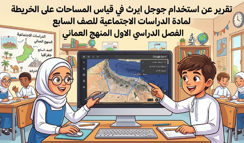 تقرير عن استخدام جوجل ايرث في قياس المساحات على الخريطة لمادة الدراسات الاجتماعية للصف السابع الفصل الدراسي الاول