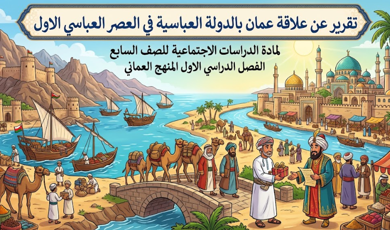 تقرير عن علاقة عمان بالدولة العباسية في العصر العباسي الاول لمادة الدراسات الاجتماعية للصف السابع الفصل الدراسي الاول المنهج العماني