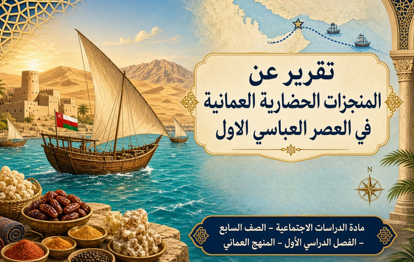 تقرير عن المنجزات الحضارية العمانية في العصر العباسي الاول لمادة الدراسات الاجتماعية للصف السابع الفصل الدراسي الاول المنهج العماني