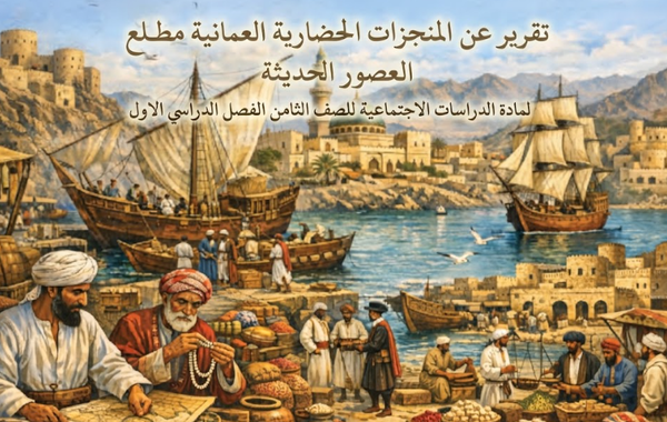 تقرير عن المنجزات الحضارية العمانية مطلع العصور الحديثة لمادة الدراسات الاجتماعية للصف الثامن الفصل الدراسي الاول
