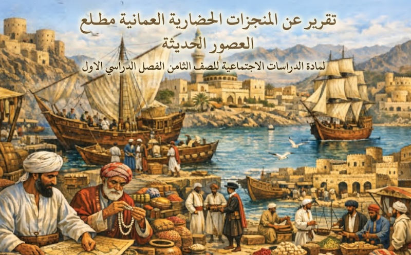 تقرير عن المنجزات الحضارية العمانية مطلع العصور الحديثة لمادة الدراسات الاجتماعية للصف الثامن الفصل الدراسي الاول