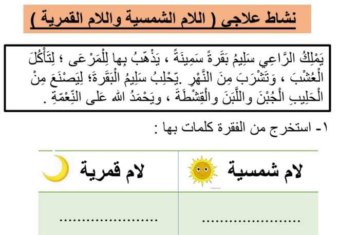 نشاط علاجي في اللام الشمسية واللام القمرية للصفوف الثاني والثالث والرابع