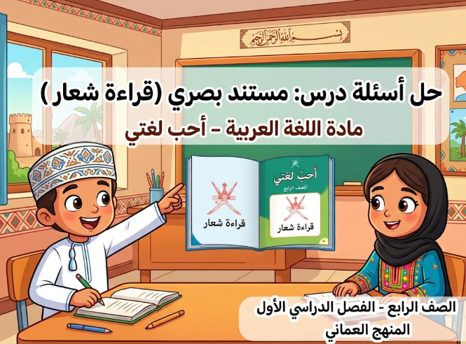 حل اسئلة درس مستند بصري قراءة شعار لمادة اللغة العربية احب لغتي للصف الرابع الفصل الدراسي الاول المنهج العماني