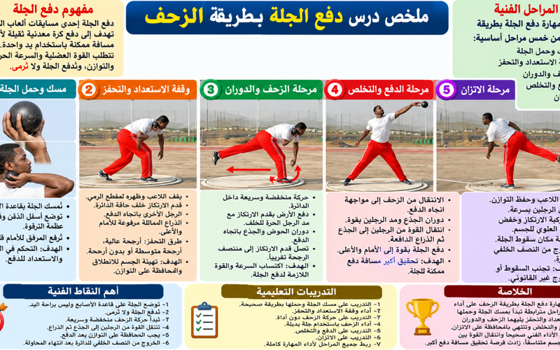 ملخص درس دفع الجلة بطريقة الزحف لمادة الرياضة المدرسية للصف الثاني عشر الفصل الدراسي الاول المنهج العماني