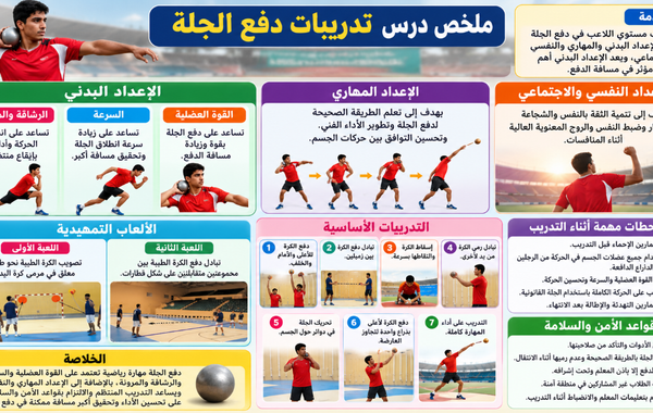 ملخص درس تدريبات دفع الجلة لمادة الرياضة المدرسية للصف الثاني عشر الفصل الدراسي الاول المنهج العماني