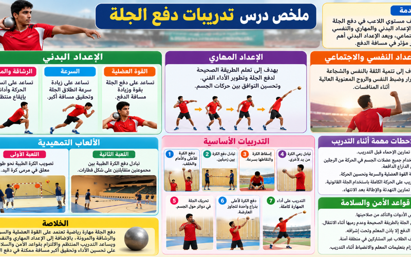 ملخص درس تدريبات دفع الجلة لمادة الرياضة المدرسية للصف الثاني عشر الفصل الدراسي الاول المنهج العماني