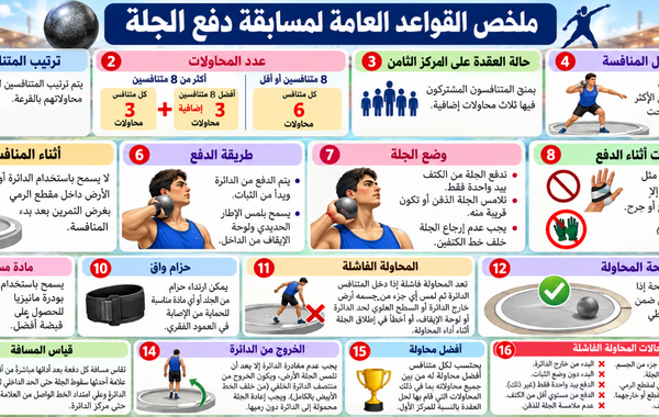 بعض القواعد العامة لمسابقة دفع الجلة لمادة الرياضة المدرسية للصف الثاني عشر