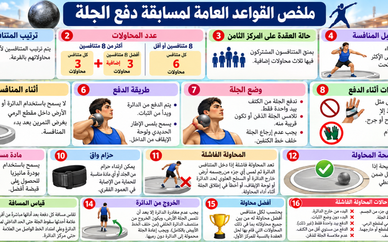 بعض القواعد العامة لمسابقة دفع الجلة لمادة الرياضة المدرسية للصف الثاني عشر