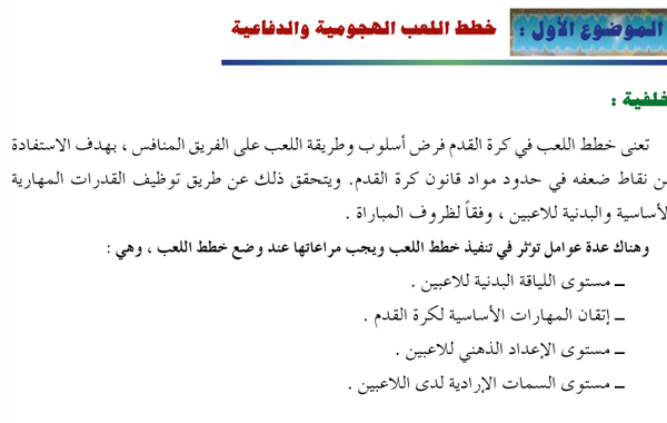 الموضوع الأول: خطط اللعب الهجومية والدفاعية لمادة الرياضة المدرسية للصف الثاني عشر الفصل الدراسي الاول