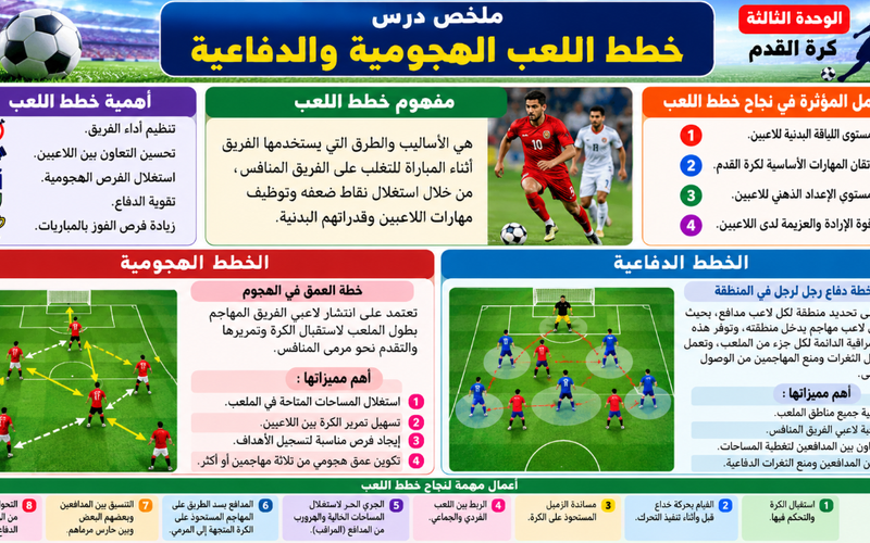 ملخص درس خطط اللعب الهجومية والدفاعية في كرة القدم لمادة الرياضة المدرسية للصف الثاني عشر الفصل الدراسي الاول