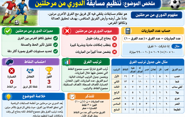 ملخص درس تنظيم مسابقة الدوري من مرحلتين لمادة الرياضة المدرسية للصف الثاني عشر الفصل الدراسي الاول