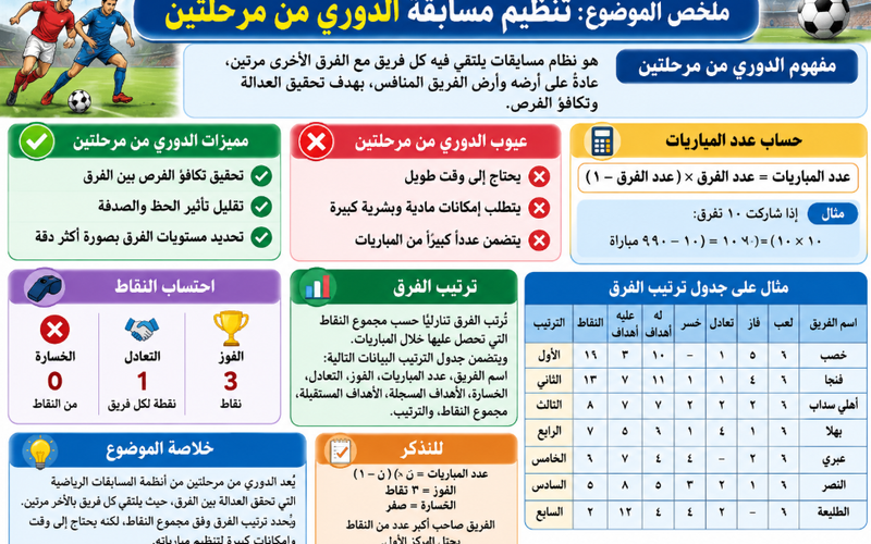 ملخص درس تنظيم مسابقة الدوري من مرحلتين لمادة الرياضة المدرسية للصف الثاني عشر الفصل الدراسي الاول