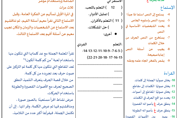 ملف وورد لتحضير درس حرف الغين لمادة اللغة العربية احب لغتي للصف الاول