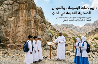 تقرير عن طرق المحافظة على الرسومات والنقوش الصخرية القديمة في عمان لمادة الدراسات الاجتماعية للصف الخامس الفصل الدراسي الاول المنهج العماني