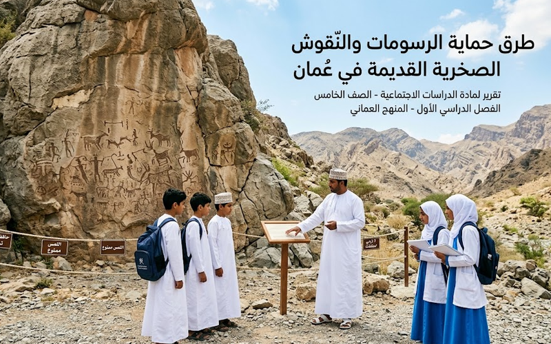 تقرير عن طرق المحافظة على الرسومات والنقوش الصخرية القديمة في عمان لمادة الدراسات الاجتماعية للصف الخامس الفصل الدراسي الاول المنهج العماني