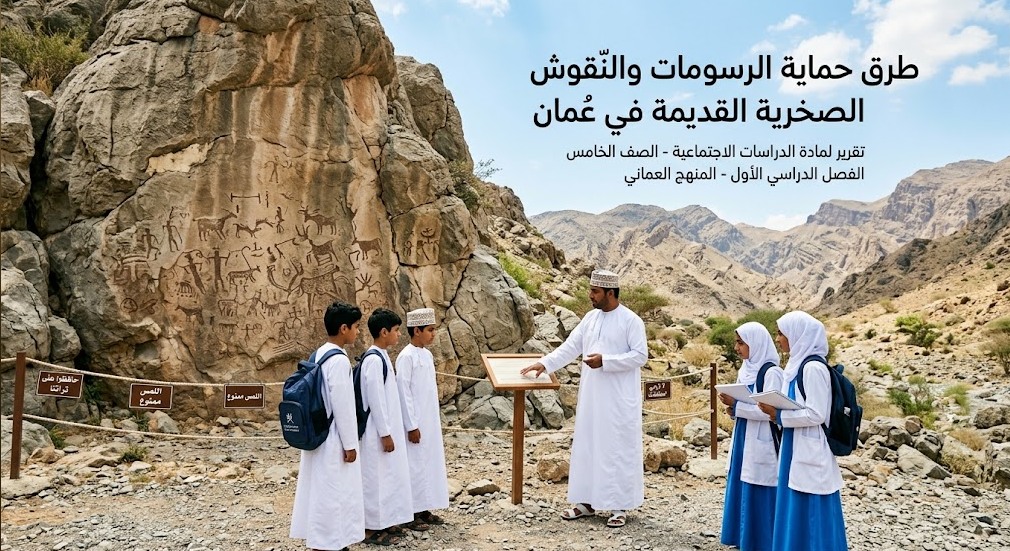 تقرير عن طرق المحافظة على الرسومات والنقوش الصخرية القديمة في عمان لمادة الدراسات الاجتماعية للصف الخامس الفصل الدراسي الاول المنهج العماني